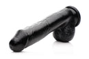 Mighty Midnight 10 Inch Black Dildo with Suction Cup, showcasing a glossy black shaft and flexible PVC design.