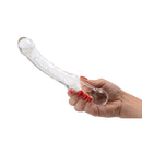 Prana Thrusting Wand 9 Inch Glass Dildo Clear held in hand, showcasing its elegant design and textured shaft.