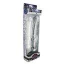 Prana Thrusting Wand 9 Inch Glass Dildo Clear in packaging, displaying crystal-clear design and sculptural features.