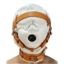 Total Sensory Deprivation White Leather Hood Medium Large with tan straps designed for sensory play.