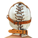 Total Sensory Deprivation White Leather Hood Medium Large featuring a unique lace-up design and tan straps.