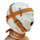 Total Sensory Deprivation White Leather Hood Medium Large with tan straps for sensory play