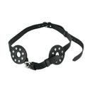 Strict Leather Spiked Breast Binder with Nipple Holes featuring studded leather disks and adjustable buckle.