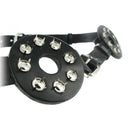 Strict Leather Spiked Breast Binder with Nipple Holes close-up of studded leather disks and spikes.