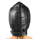 Strict Leather Padded Leather Hood Medium Large Black, showcasing the back view with a zipper and adjustable collar.