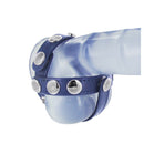 Strict Leather Cock and Ball Harness Blue shown on silicone model with silver studs and blue straps.
