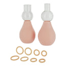 Image of Size Matters Perfect Fit Nipple Enlarger Pump Set showing two pumps and various O-rings for customized fitting.