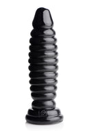 Master Series Obsession 11 Ribbed Anal Plug Black showcasing its glossy, ribbed design for pleasurable experience.