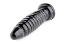 Master Series Obsession 11 Ribbed Anal Plug Black showcasing its glossy, ribbed design for a sensational experience.