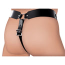 Safety Net Leather Male Chastity Belt with Plug Harness on a model, showcasing its secure and comfortable fit.