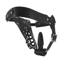 Safety Net Leather Male Chastity Belt with Plug Harness showing the leather pouch and adjustable straps.