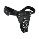Safety Net Leather Male Chastity Belt with Plug Harness, heavy-duty black leather design for secure chastity play.