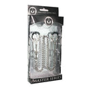 Master Series Bauhaus Precision Nipple Vice Clamps in stylish packaging with adjustable metal clamps and chain.