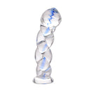 Prisms Erotic Glass Soma Twisted Glass Dildo showcasing a polished twisted design with indigo accents.