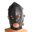 Asylum Leather Hood with Removable Blindfold and Muzzle ML worn by a model, showcasing its unique design and fittings.