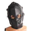 Asylum Leather Hood with Removable Blindfold and Muzzle ML on a model, showcasing sensory play elements.