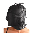 Asylum Leather Hood with Removable Blindfold and Muzzle ML, featuring flexible leather and detachable parts for sensory play.