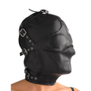 Asylum Leather Hood with Removable Blindfold and Muzzle ML showcasing flexible leather and adjustable straps.