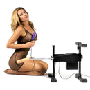LoveBotz Versa Fuk Thrusting Sex Machine Black in use with a woman wearing a sheer dress.