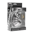 Master Series Asylum 4 Ring Locking Chastity Cage packaging with stainless steel design and brass padlock.
