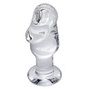Prisms Erotic Glass Asvini Penis Anal Plug Clear showcasing its sleek design and flared base for secure wear.