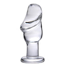 Prisms Erotic Glass Asvini Penis Anal Plug Clear showcasing its sleek design and flared base for comfortable play.