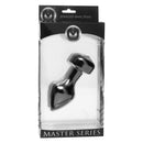 Master Series Spade Petite Jewel Aluminum Anal Plug Black in packaging showcasing its elegant design.