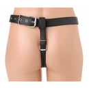 Strict Leather Slim Strap Dildo Harness Black on a mannequin, showcasing the minimalist thong-style design and leather straps.