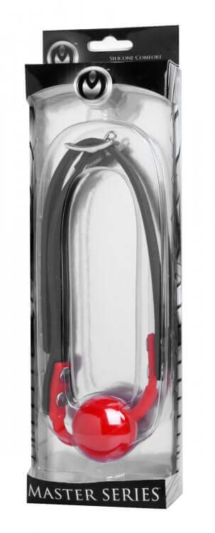 Master Series The Hush Gag silicone comfort ball gag in packaging showcasing adjustable, lockable design.