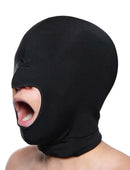 Master Series Blow Hole Open Mouth Spandex Hood Black on a model, showcasing its sleek design and open mouth feature.