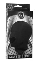 Master Series Blow Hole Open Mouth Spandex Hood Black packaging in black and silver with mouth opening detail.