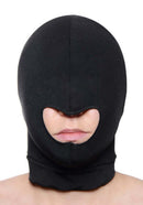 Master Series Blow Hole Open Mouth Spandex Hood Black for intimate role-play and sensory play.