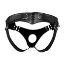 Strict Leather Corset Back Strap On Dildo Harness Black with metal hardware and lace-up design.