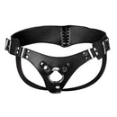 Strict Leather Corset Back Strap On Dildo Harness Black featuring adjustable leather straps and metal details.