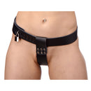 Strict Leather Adjustable Female Chastity Belt Black showcasing adjustable design with secure fit.