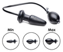 Master Series Expand Inflatable Anal Plug Black showing minimum and maximum sizes with hand pump attachment.
