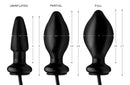 Master Series Expand Inflatable Anal Plug Black sizes: Uninflated, Partial, Full measurements displayed.