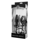 Master Series Expand Inflatable Anal Plug Black in packaging with hand pump for adjustable size.