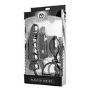 Master Series Ravage Vibrating Inflatable Dildo Black packaged with remote control and hand pump for customizable pleasure.