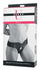 Strap U Velvet Lined Leather Strap On Black packaging showcasing adjustable velvet lined harness design.