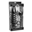 Master Series Accordion Inflatable XL Anal Plug Black in packaging with hand pump for customizable size and comfort.