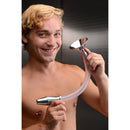 Stainless Steel Ass Funnel with Hollow Anal Plug held by a smiling man, showcasing fluid play enjoyment.
