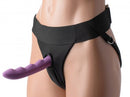 Strap U Avalon Jock Style Harness Black with purple attachment on mannequin.