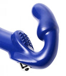 Strap U Revolver II Vibrating Strapless Strap On Dildo in blue, showcasing its smooth design and curved probe.