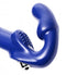 Strap U Revolver II Vibrating Strapless Strap On Dildo in blue, showcasing its smooth design and curved probe.