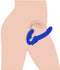 Strap U Revolver II Vibrating Strapless Strap On Dildo in use, showcasing its ergonomic blue design for pleasure.