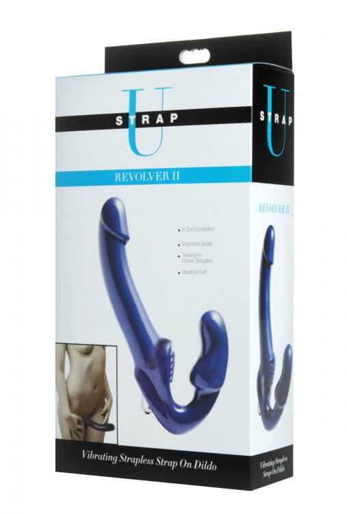 Strap U Revolver II Vibrating Strapless Strap On Dildo packaging in blue color featuring curved design and textured clitoral pad.