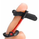 Size Matters Deluxe Edition Pro Penile Aide Extender Black shown on a finger, highlighting its discreet design and comfort.