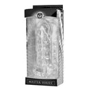 Master Series Girth Enhancing Penetration Sleeve Clear in packaging, showcasing its thick walls and ribbed design.