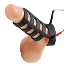 Zeus Power Cage Silicone E-Stim Cock and Ball Sheath attached to a realistic model for electrosex play.